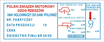Tabliczka znamionowa na hak holowniczy polonez