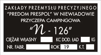 Tabliczka znamionowa, przyczepa campingowa Niewiadów N 126