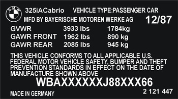 Naklejka znamionowa do samochodu BMW wzór V