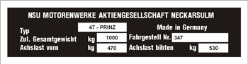 Tabliczka znamionowa NSU 47 PRINZ