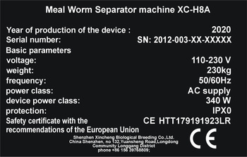 Tabliczka znamionowa na maszynę Meal Worm Separator