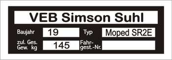 Tabliczka znamionowa SIMSON Moped SR2E