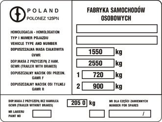 Tabliczka znamionowa FSO polonez (1978-1980)