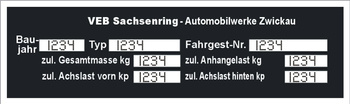 Tabliczka znamionowa do trabanta VEB Sachsenring z grawerem