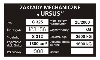 Tabliczka znamionowa Ursus 325 wzór 2 z grawerem