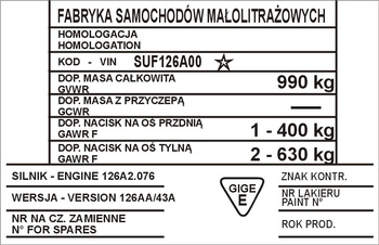 Tabliczka znamionowa Polski Fiat 126p BIS (wersja 126AA-43A)