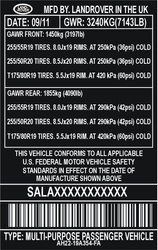 Tabliczka, naklejka znamionowa Land Rover