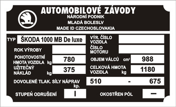 Tabliczka znamionowa Skoda 1000 MB De Luxe