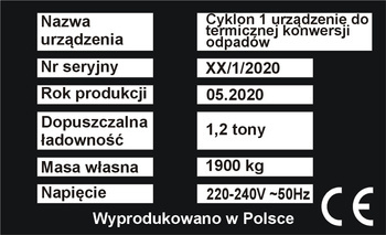 Tabliczka znamionowa do urządzeń Cyklon 1