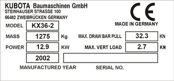 Tabliczka znamionowa do maszyn marki Kubota Baumaschinen