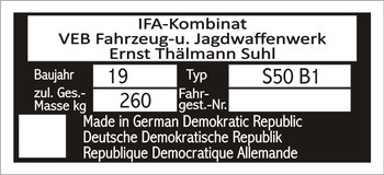 Tabliczka znamionowa SIMSON S50 B1