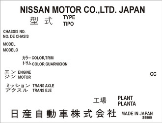 Tabliczka znamionowa Nissan Motor CO. LTD. Japan
