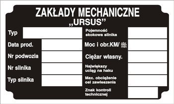Tabliczka znamionowa do ciągnika URSUS ze znakowaniem - każdy model