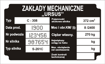 Tabliczka znamionowa URSUS C308 z grawerem