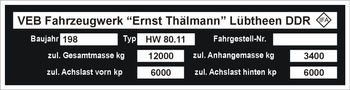Tabliczka znamionowa do przyczep IFA HW 80.11