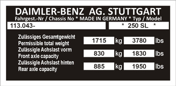 Tabliczka znamionowa Mercedes W113.043 250 SL waga 1715kg