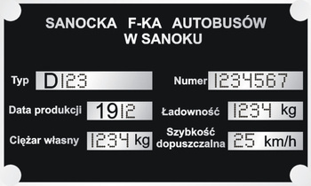 Tabliczka znamionowa Sanocka Fabryka Autobusów ze znakowaniem