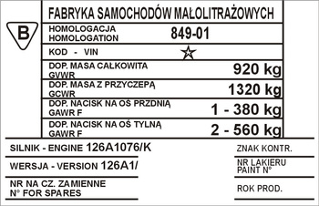 Tabliczka znamionowa Polski Fiat 126p (Fiat Auto Poland)