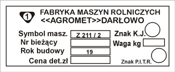 Tabliczka znamionowa Agromet fabryka maszyn rolniczych Darłowo wersja 1