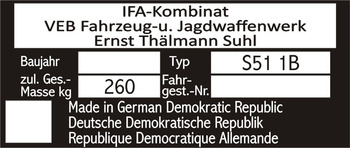 Tabliczka znamionowa SIMSON S51 1B