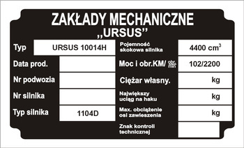 Tabliczka znamionowa URSUS URSUS 10014H