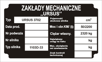Tabliczka znamionowa URSUS 3702