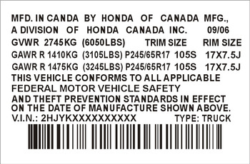Tabliczka, naklejka znamionowa Honda of Canada MFG.