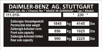 Tabliczka znamionowa Mercedes W111.010 typ 230