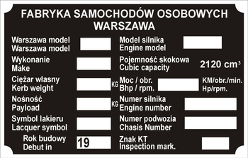 Tabliczka znamionowa FSO warszawa 203 204 223 224 (1970-1973)