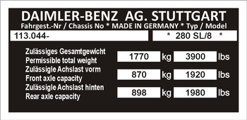 Tabliczka znamionowa Mercedes W113.044 typ 280SL-8 1770