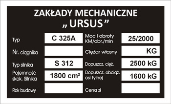 Tabliczka znamionowa URSUS C325A