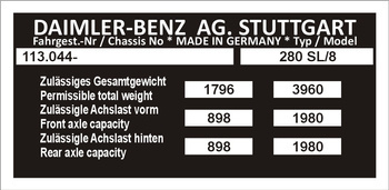 Tabliczka znamionowa Mercedes Benz W113 280SL-8 przedni pas