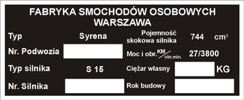 Tabliczka znamionowa Syrena fsm 100 101 102