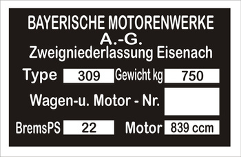 Tabliczka znamionowa BMW 309