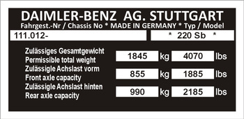 Tabliczka znamionowa Mercedes W111.012 typ 220 Sb