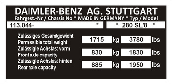 Tabliczka znamionowa Mercedes W113 280 SL-8 1715 kg wersja nr2