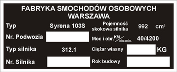 Tabliczka znamionowa Syrena 103 S
