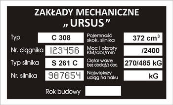 Tabliczka znamionowa URSUS C308 wzór II z grawerem