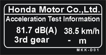 Tabliczka naklejka informacyjna Honda test przyspieszenia