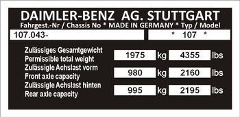 Tabliczka znamionowa Mercedes W107, dmc 1975 k
