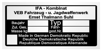 Tabliczka znamionowa do samochodów IFA Kombinat