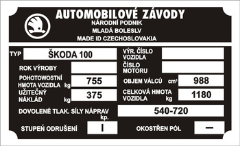 Tabliczka znamionowa Skoda 100