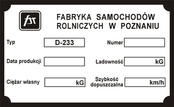 Tabliczka znamionowa Tarpan D233 przyczepa