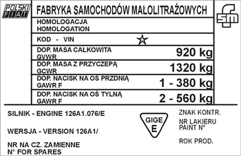 Tabliczka znamionowa Polski Fiat (wersja 126A1)+GIGE