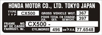 Tabliczka znamionowa Honda Motor Tokyo Japan CX500