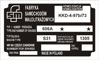 Tabliczka znamionowa Syrena fsm 105 105L (typ 606A, 1305kg)