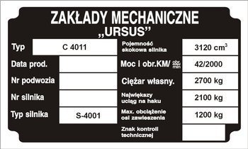 Tabliczka znamionowa do ciągnika URSUS C4011