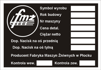 Tabliczka znamionowa kombajn BIZON fabryka maszyn żniwnych FMŻ czysta