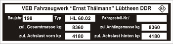 Tabliczka znamionowa IFA HL 60.02 przyczepa