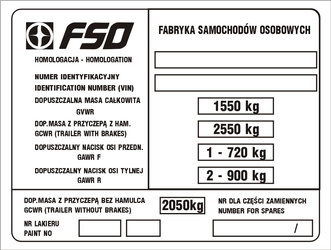 Tabliczka znamionowa Polski Fiat 125 (1981-1989) waga 1550 kg